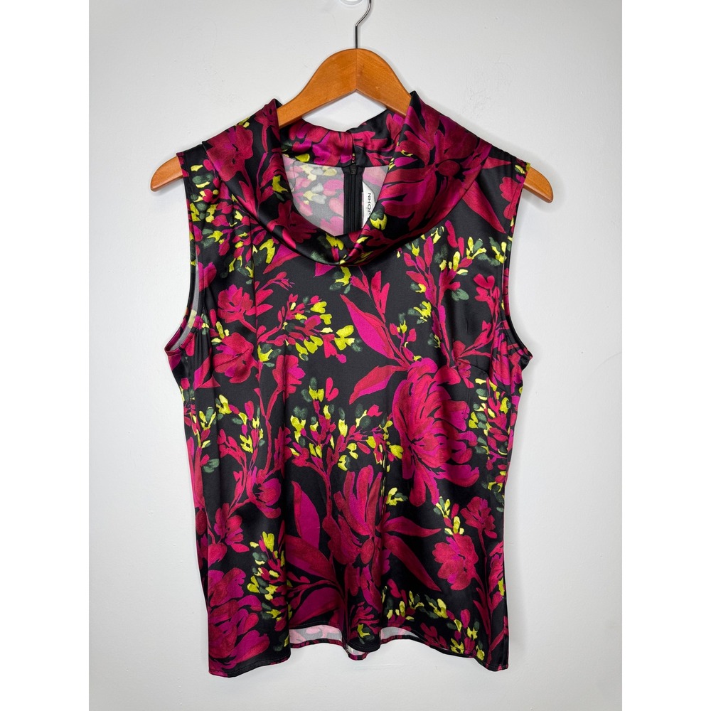 St John Womens Silk Blend Floral Cowl Neck Sleeveless Blouse Black Pink Size 10